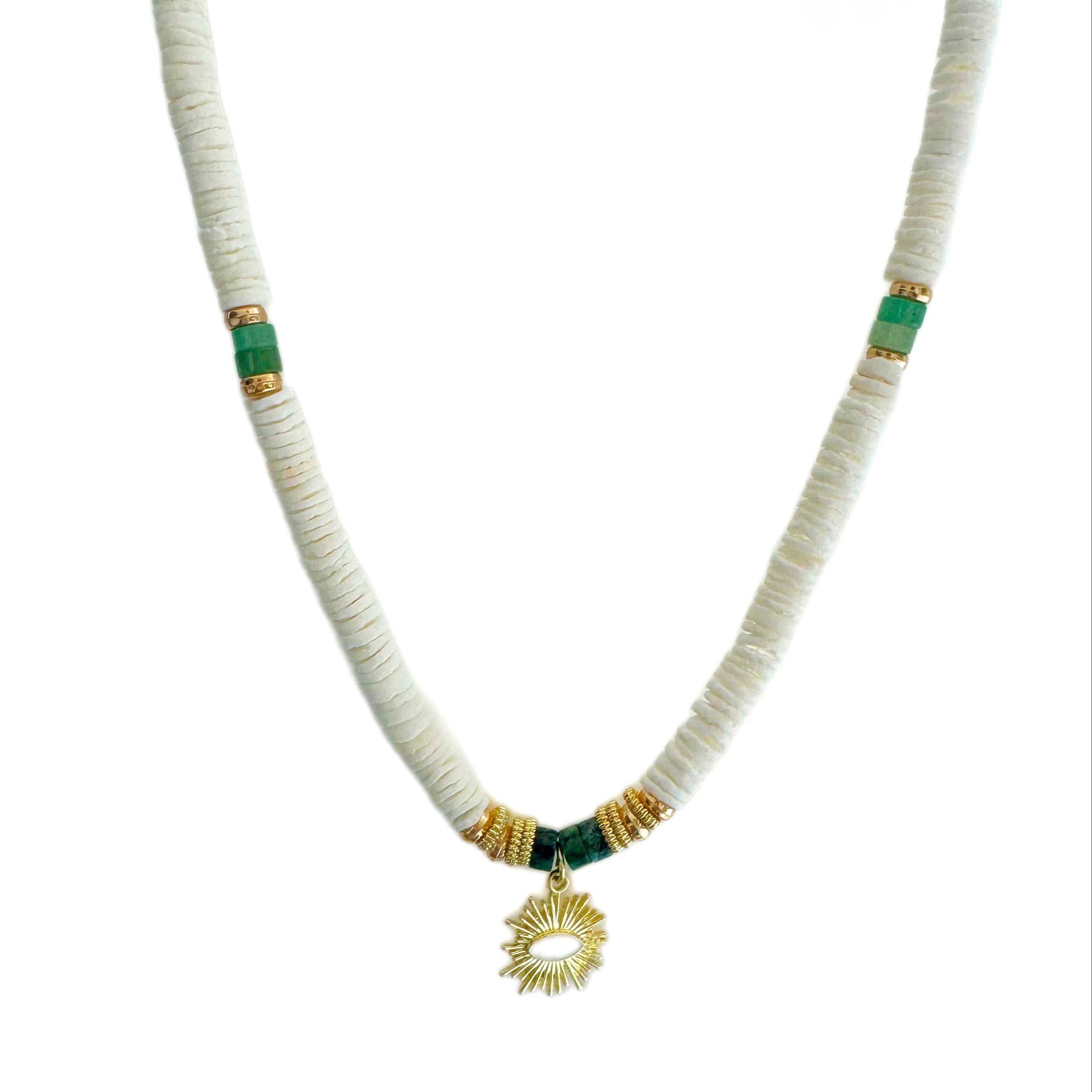 Solaana White Beaded Necklace with Gold Sun Charm LUXE TONES