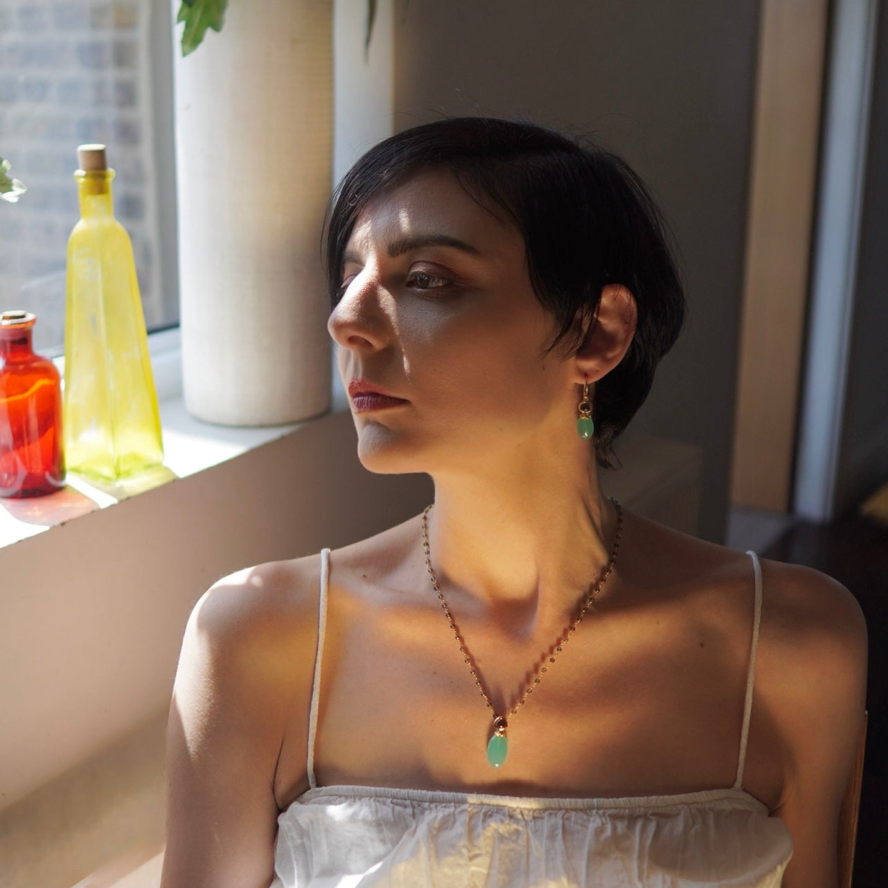 Persephone Double Gemstone Beaded Chain Necklace Pariba Onyx & Smoky Quartz Azuni London