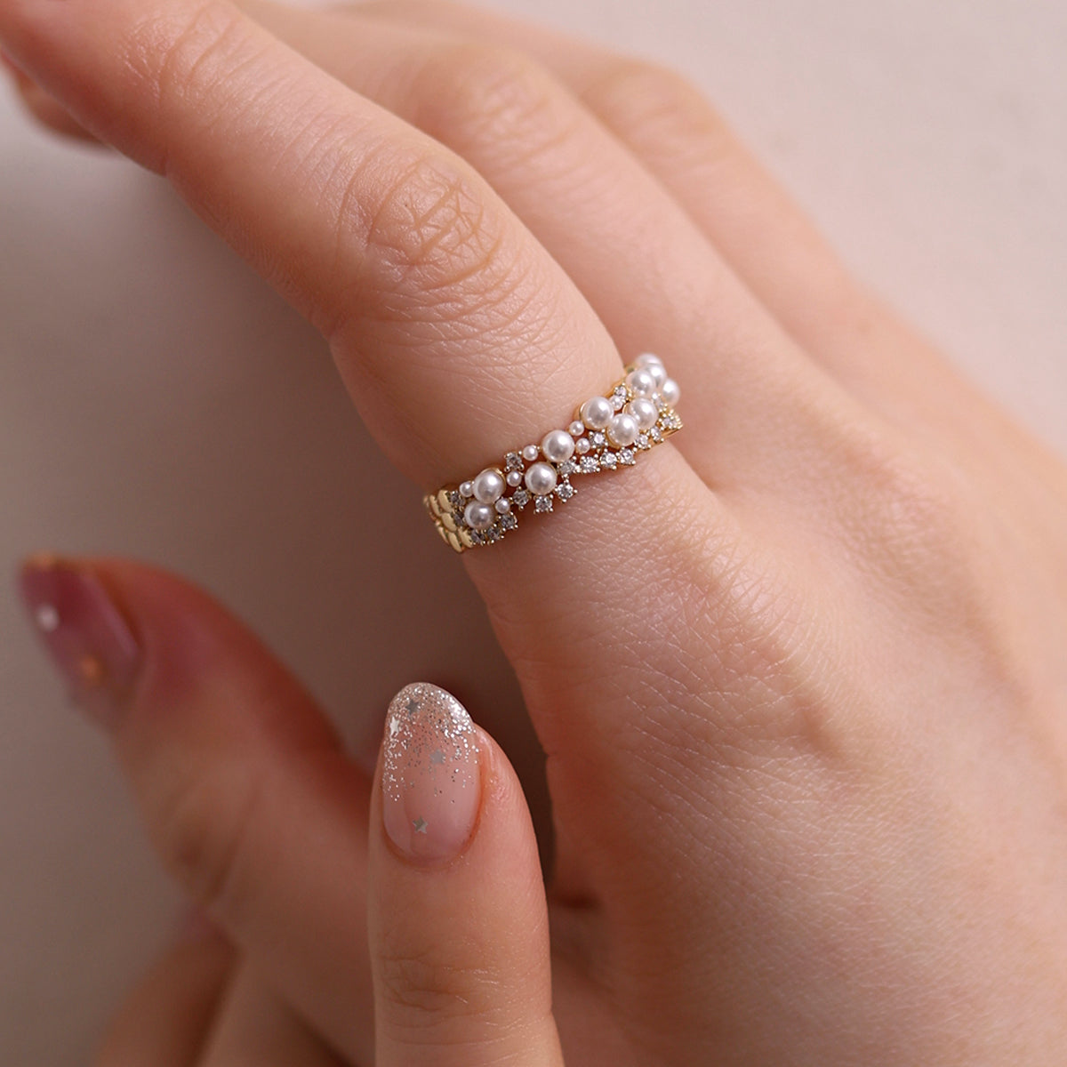 Bold cubic pearl ring Nabi London
