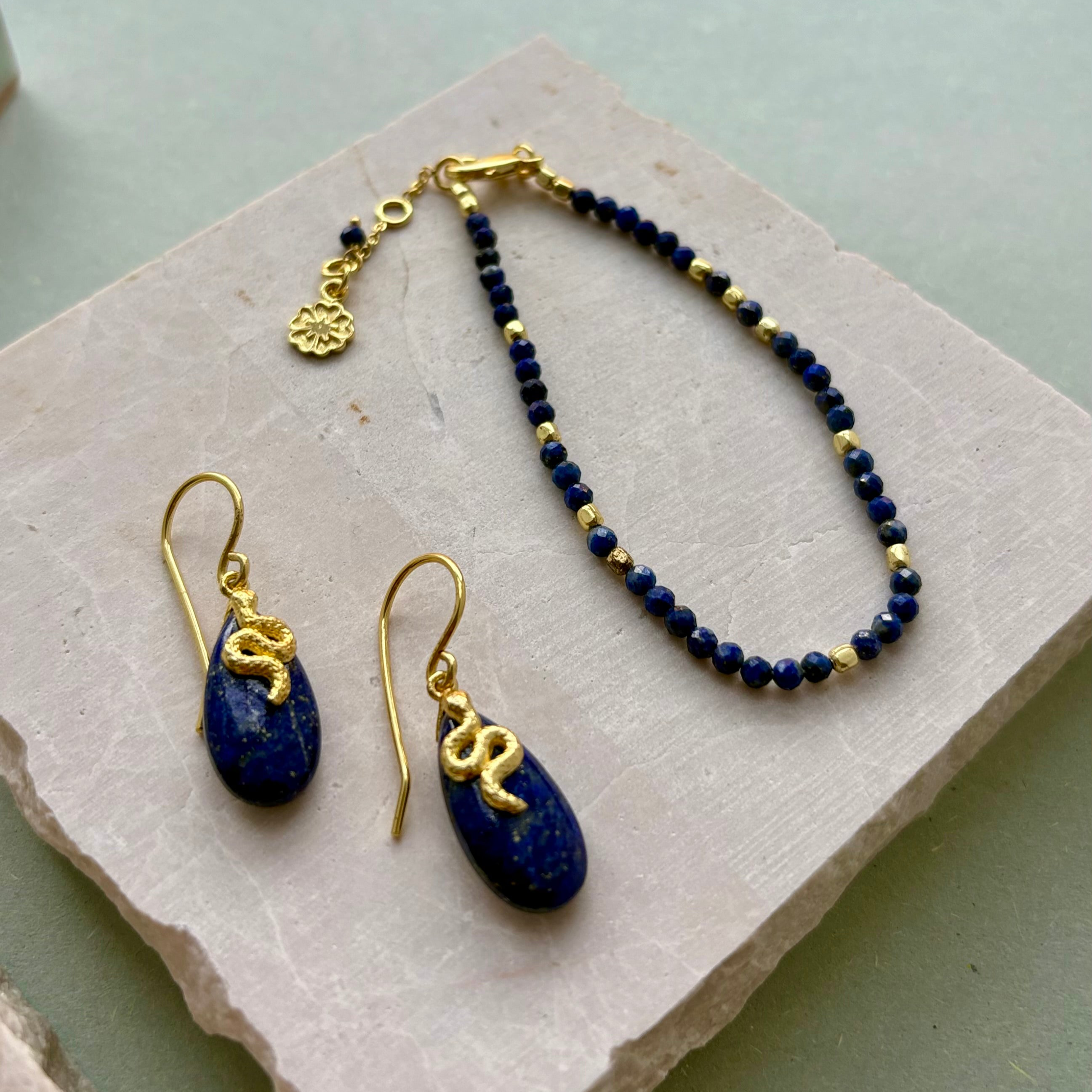 Milos Gemstone and Gold Bead Bracelet Lapis Azuni London