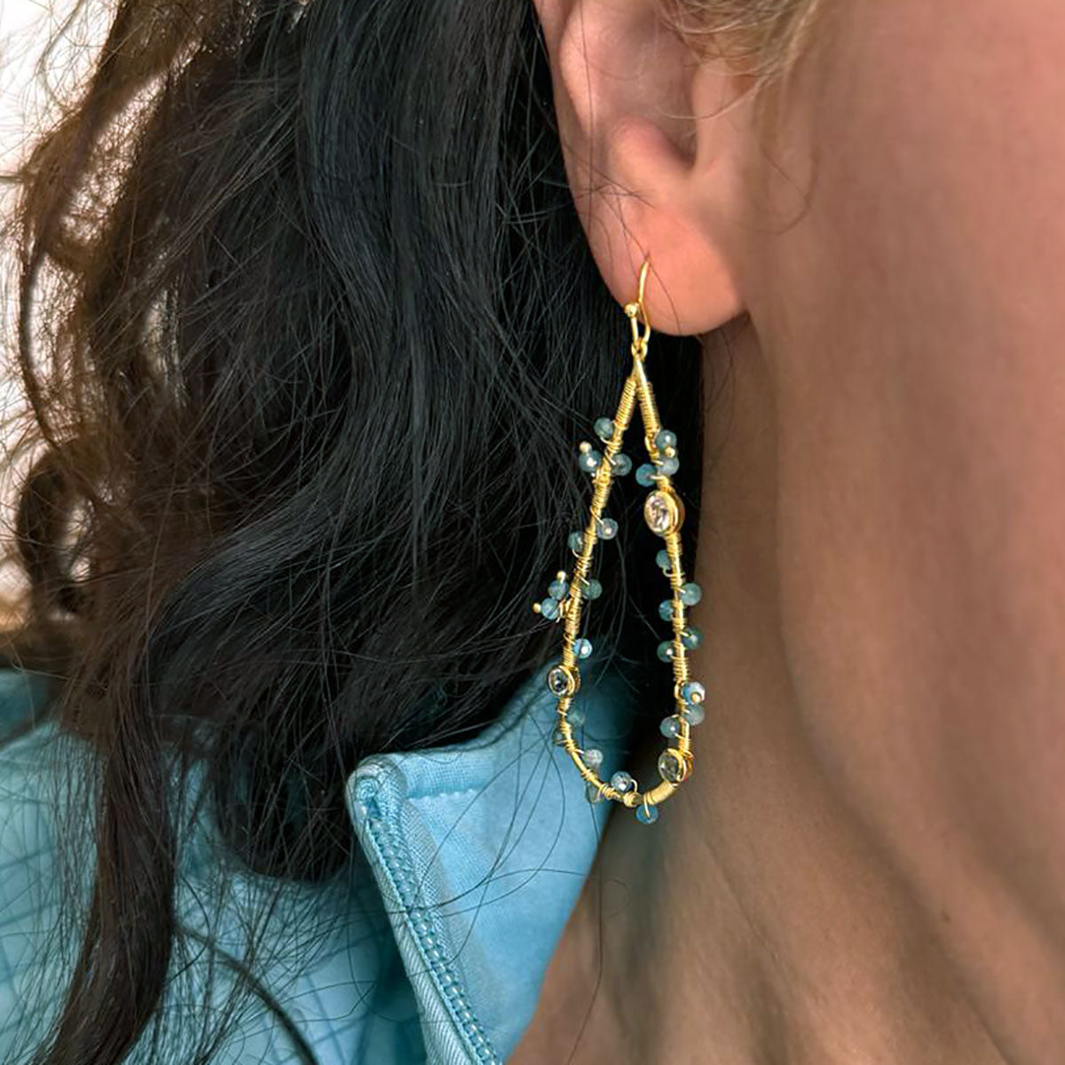 Hydra Large Teardrop Wire-Wrapped Gemstone Earrings Iolite, Blue Topaz & Apatite Azuni London
