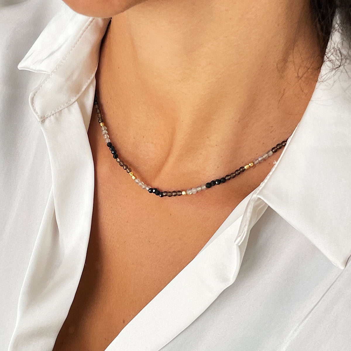 Milos Mixed Gemstone Beaded Necklace  Black Onyx, Smoky Quartz & Labradorite Azuni London