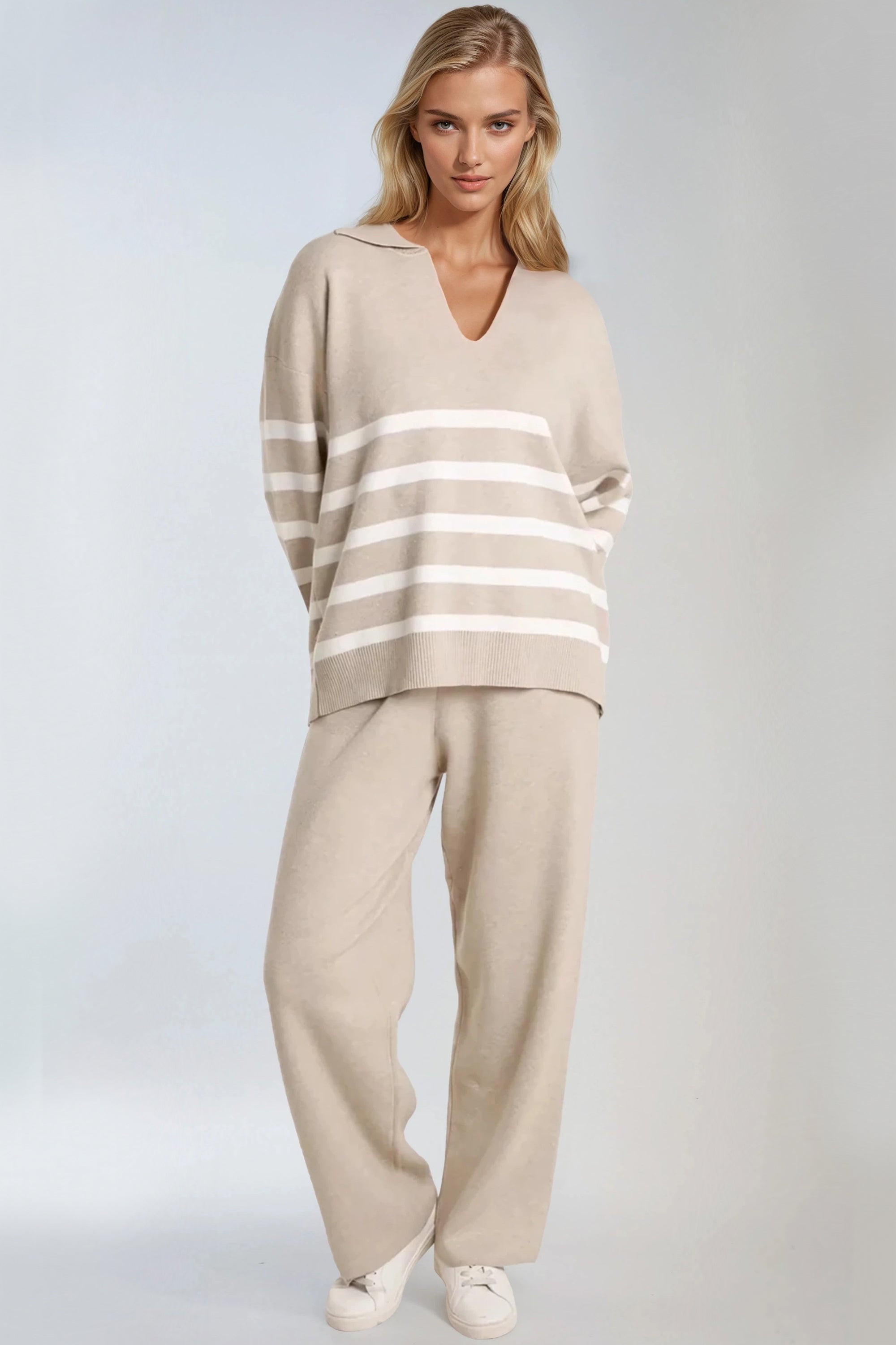 Beige Striped Jumper & Trouser Knitted Set Aftershock London