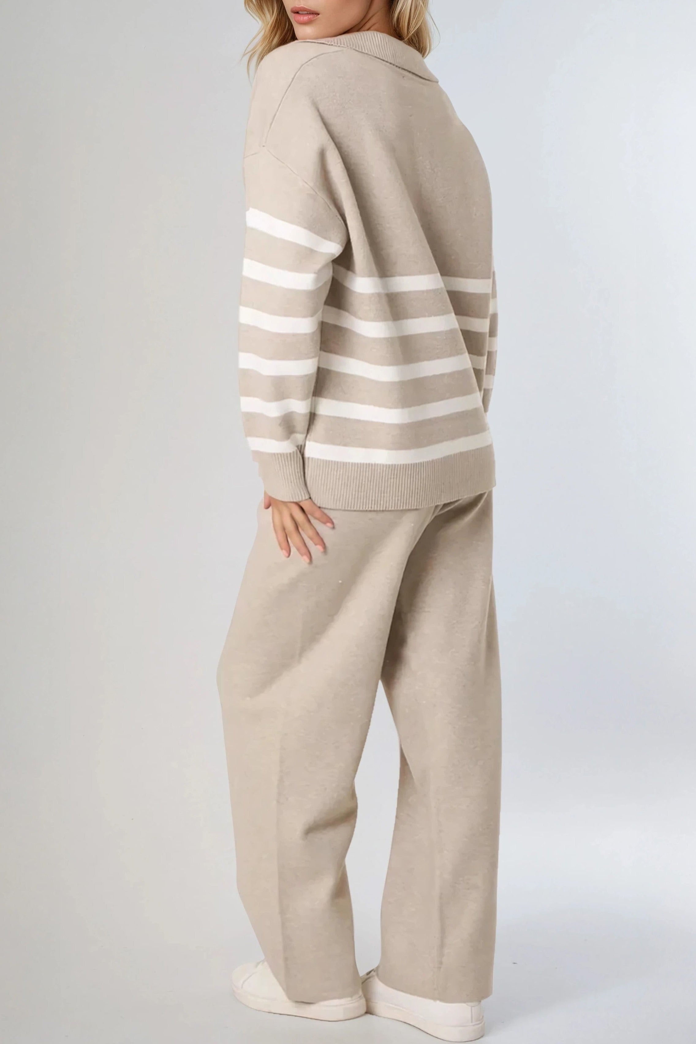 Beige Striped Jumper & Trouser Knitted Set Aftershock London