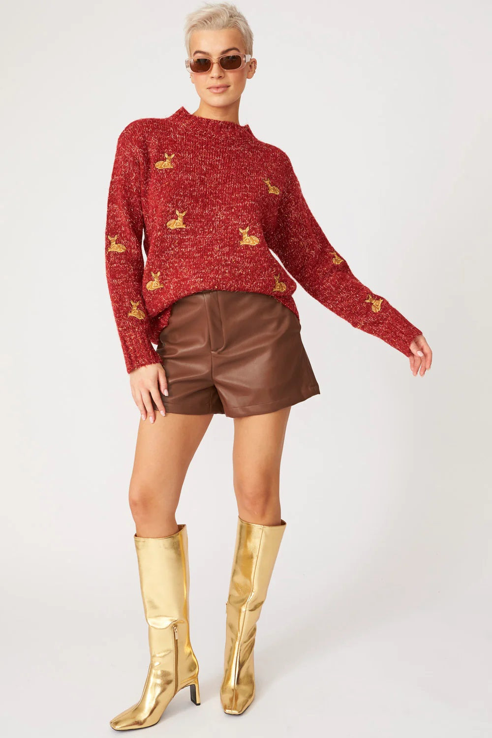 Red Glitter Christmas Jumper with Deer Embroidery Buy Me Fur Ltd