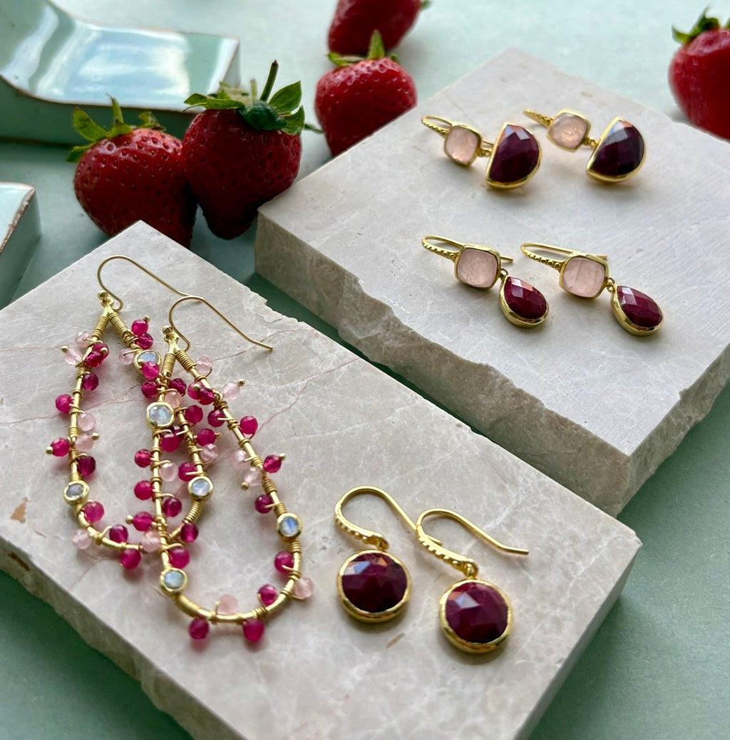 Hydra Large Teardrop Wire-Wrapped Gemstone Earrings Moonstone, Rose Quartz, Pink Jade and Pink Tourmaline Azuni London