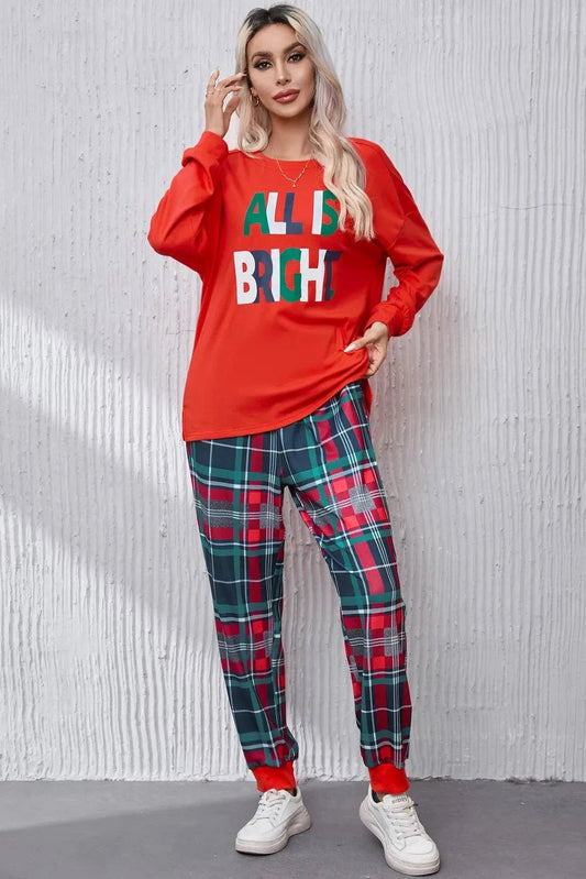 ALL IS BRIGHT Round Neck Top and Plaid Pants Lounge Set - Rosey's Creations