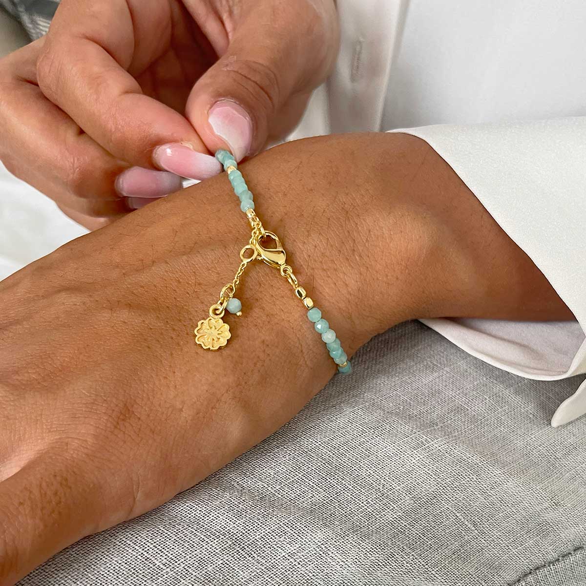 Milos Gemstone and Gold Bead Bracelet Tourmaline Azuni London