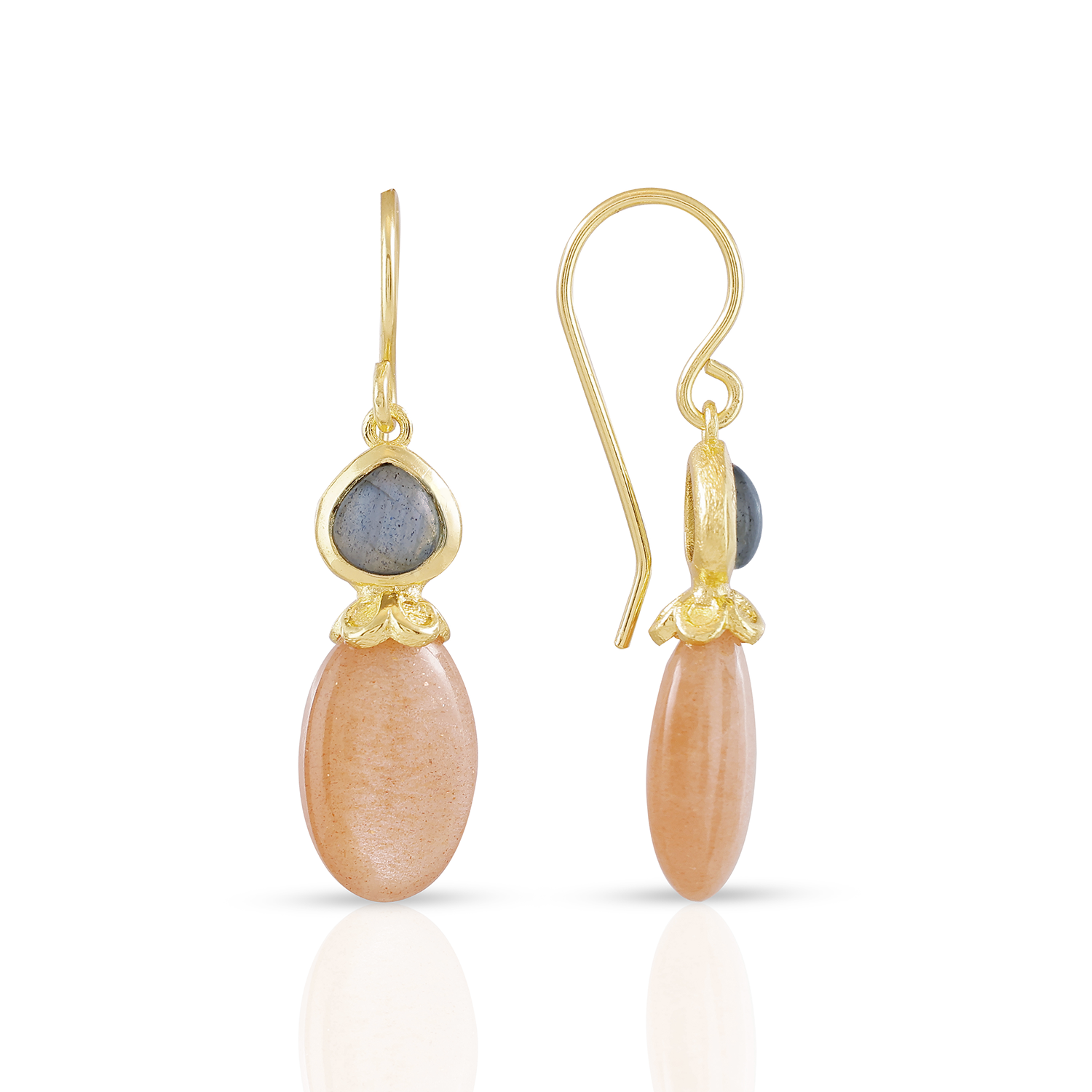Persephone Double Gemstone Earrings Peach Moonstone & Labradorite Azuni London