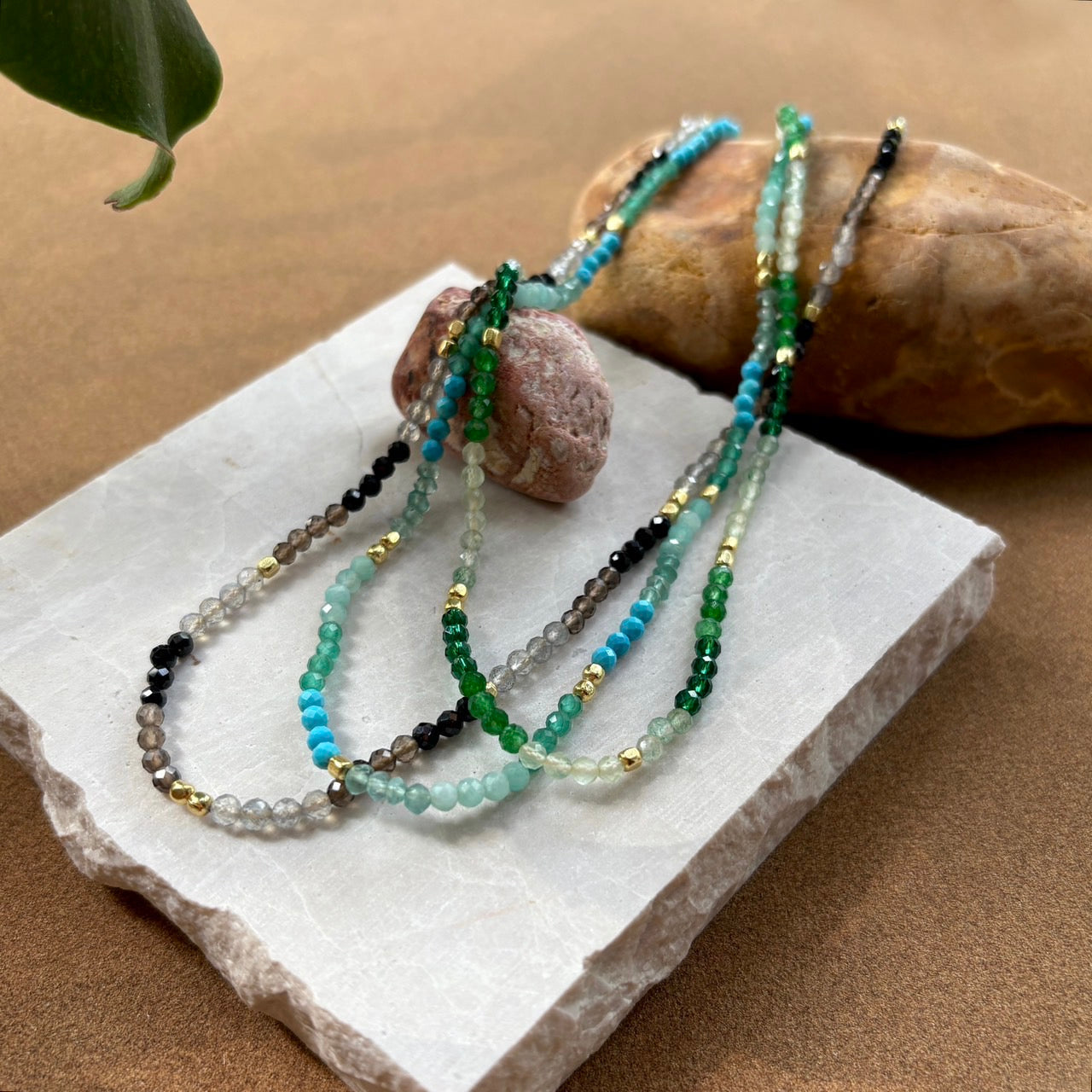 Milos Mixed Gemstone Beaded Necklace  Amazonite, Copper Turquoise & Green Jade Azuni London