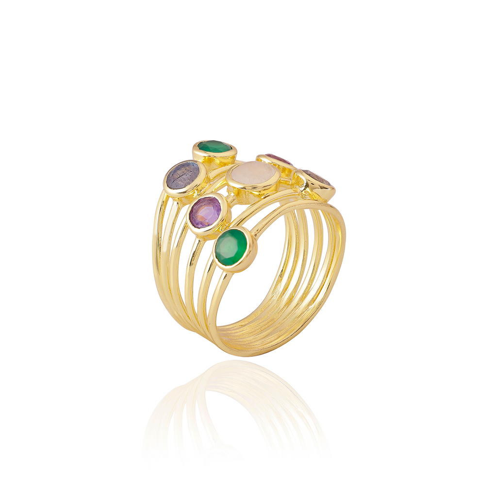 Iona Entwined Ring: Green Onyx, Amethyst, Moonstone & Labradorite Azuni London