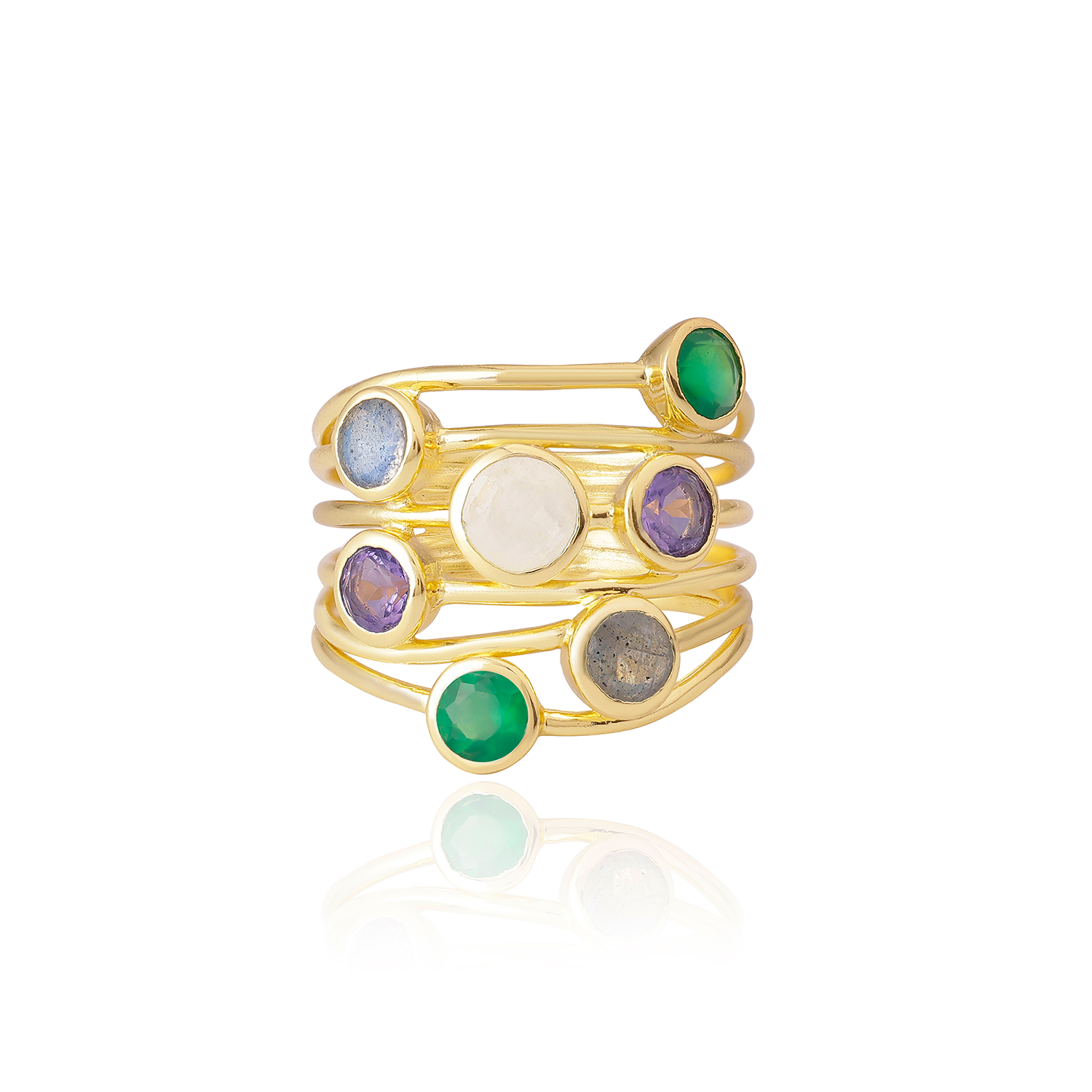 Iona Entwined Ring: Green Onyx, Amethyst, Moonstone & Labradorite Azuni London