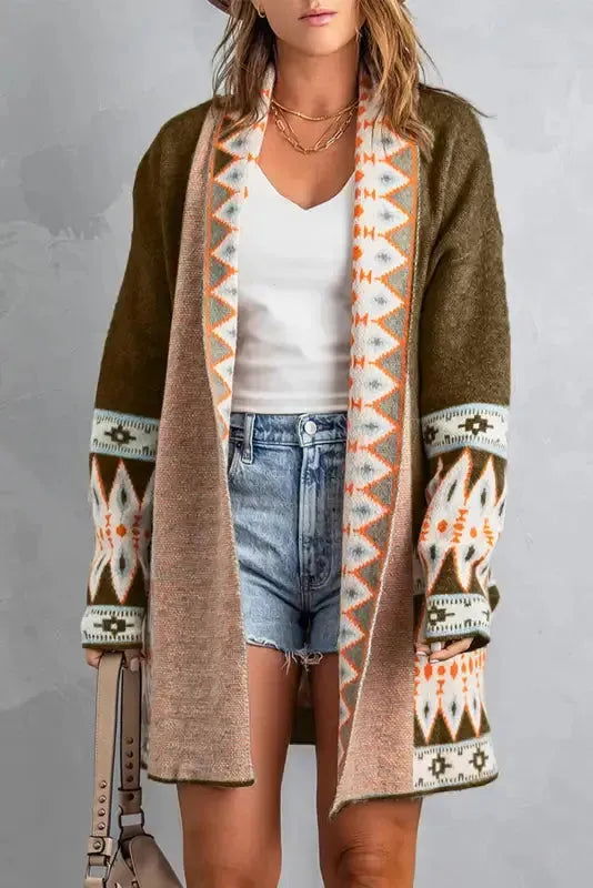 Aztec Open Front Knitted Cardigan Fashionfitz