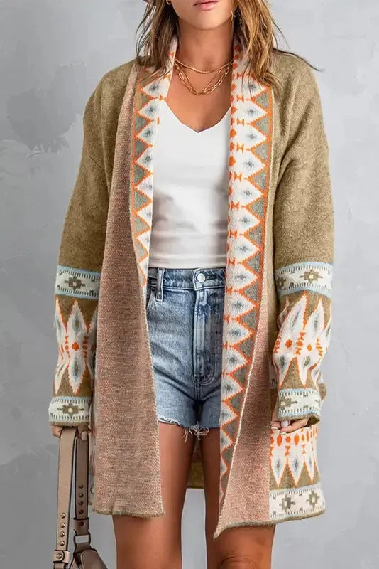 Aztec Open Front Knitted Cardigan Fashionfitz