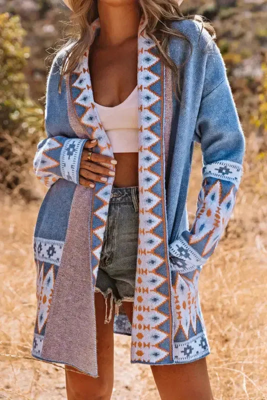 Aztec Open Front Knitted Cardigan Fashionfitz
