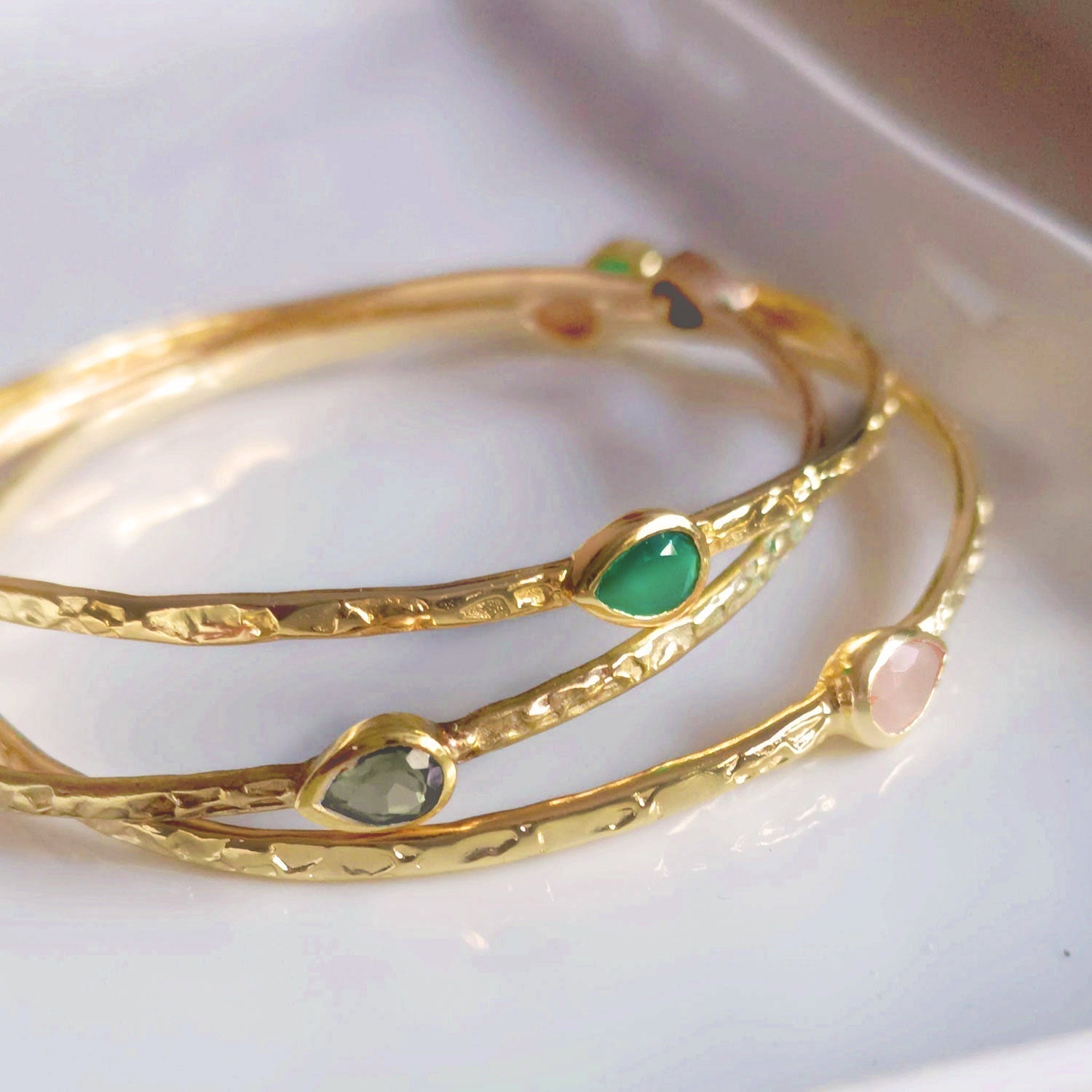 Simi Three Stone Stacking Bangle Green Onyx Azuni London