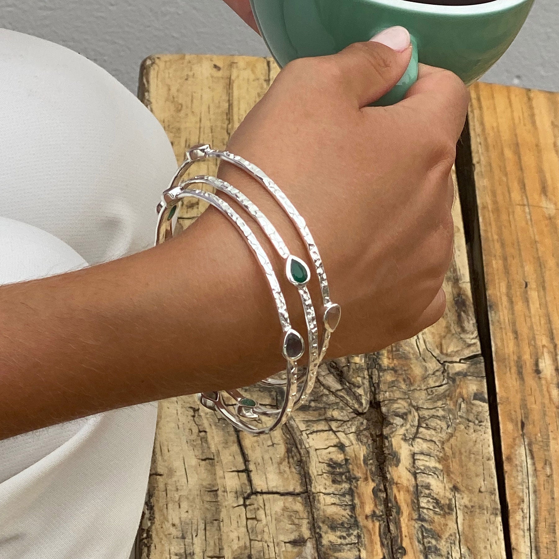 Simi Three Stone Stacking Bangle: Silver Green Onyx Azuni London