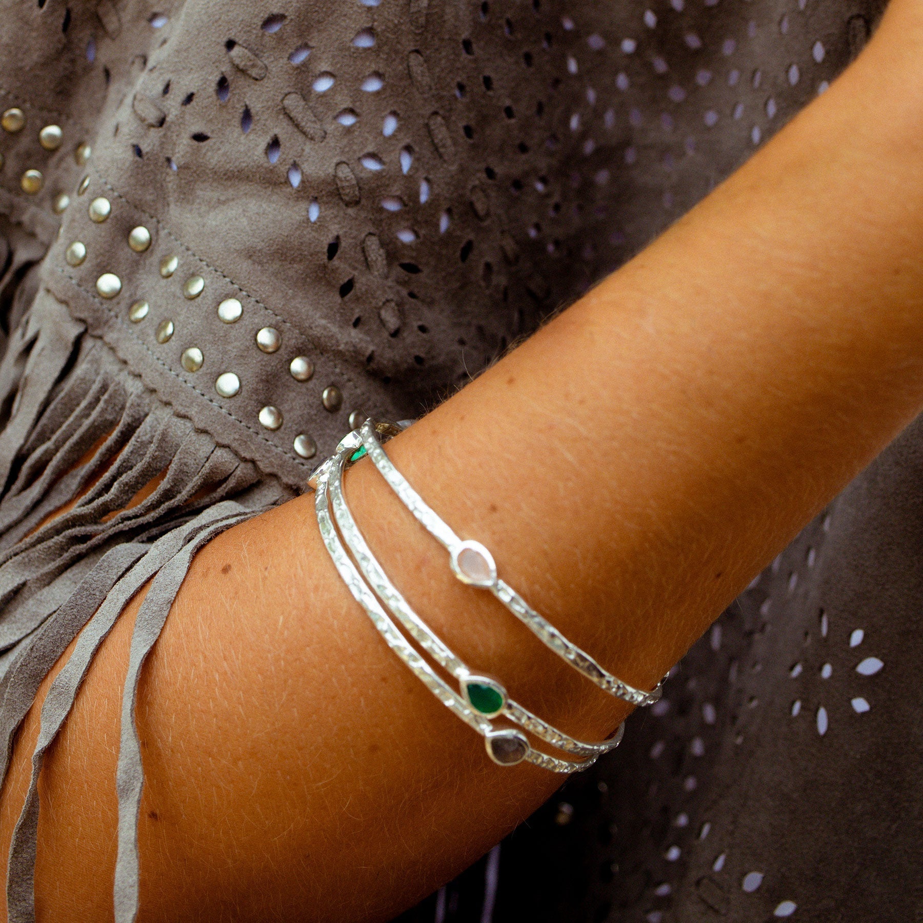 Simi Three Stone Stacking Bangle: Silver Labradorite Azuni London