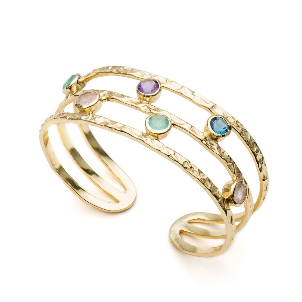 Venus Gemstone Bangle with Rose Quartz, Amethyst, Iolite and Pariba Onyx Azuni London