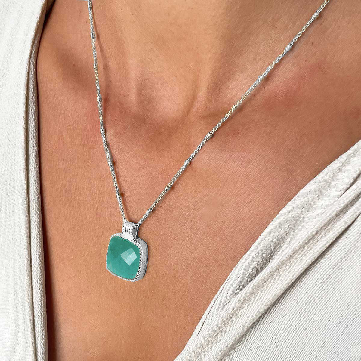 Tetra Large Square Gemstone Pendant: Silver Amazonite Azuni London
