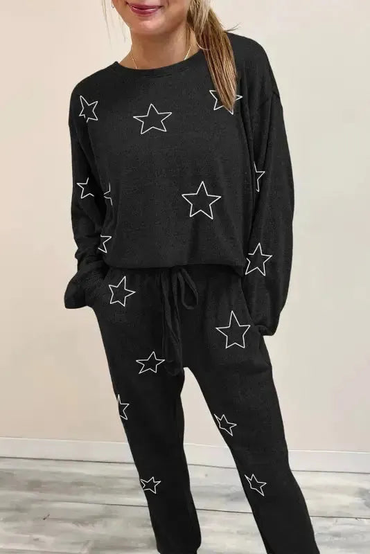Black Stars Print Long Sleeve Drawstring High Waist Lounge Set Fashionfitz