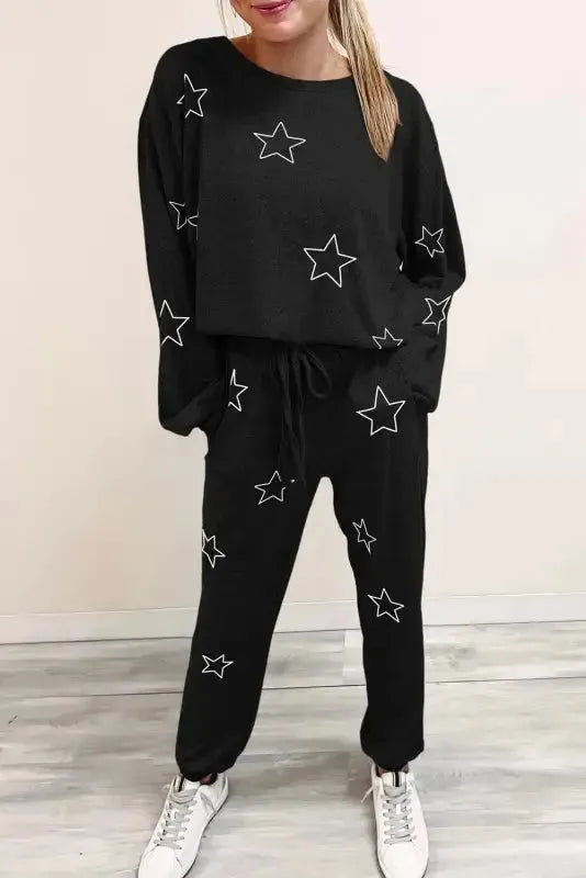 Black Stars Print Long Sleeve Drawstring High Waist Lounge Set Fashionfitz