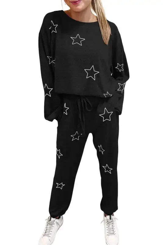 Black Stars Print Long Sleeve Drawstring High Waist Lounge Set Fashionfitz