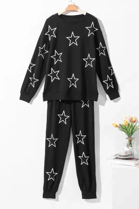 Black Stars Print Long Sleeve Drawstring High Waist Lounge Set Fashionfitz