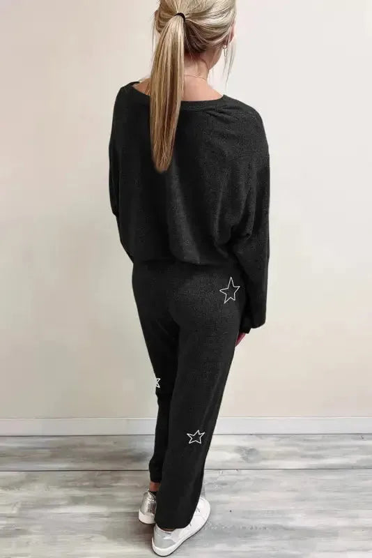 Black Stars Print Long Sleeve Drawstring High Waist Lounge Set Fashionfitz