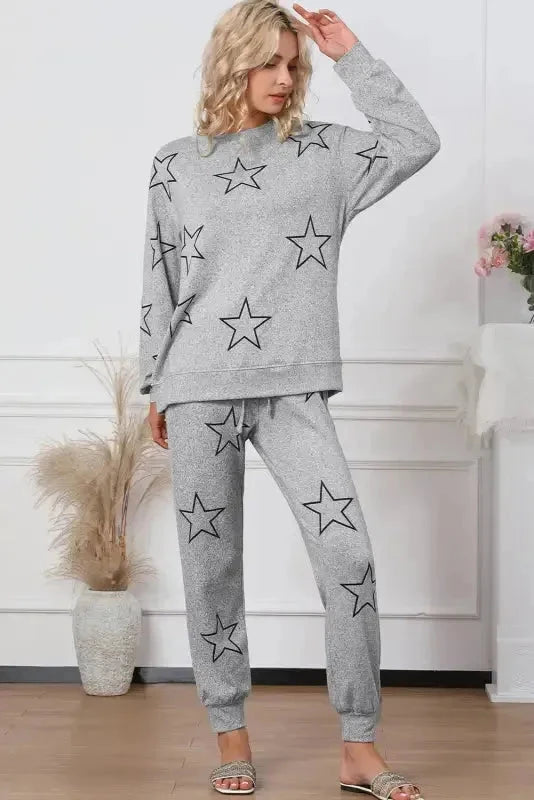 Black Stars Print Long Sleeve Drawstring High Waist Lounge Set Fashionfitz