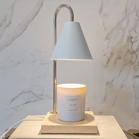 Cali White & Gold Candle Warmer on Wooden Base Rowen Homes