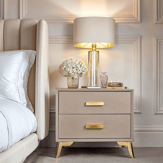Cara Mink & Gold 2 Drawer Bedside Table.