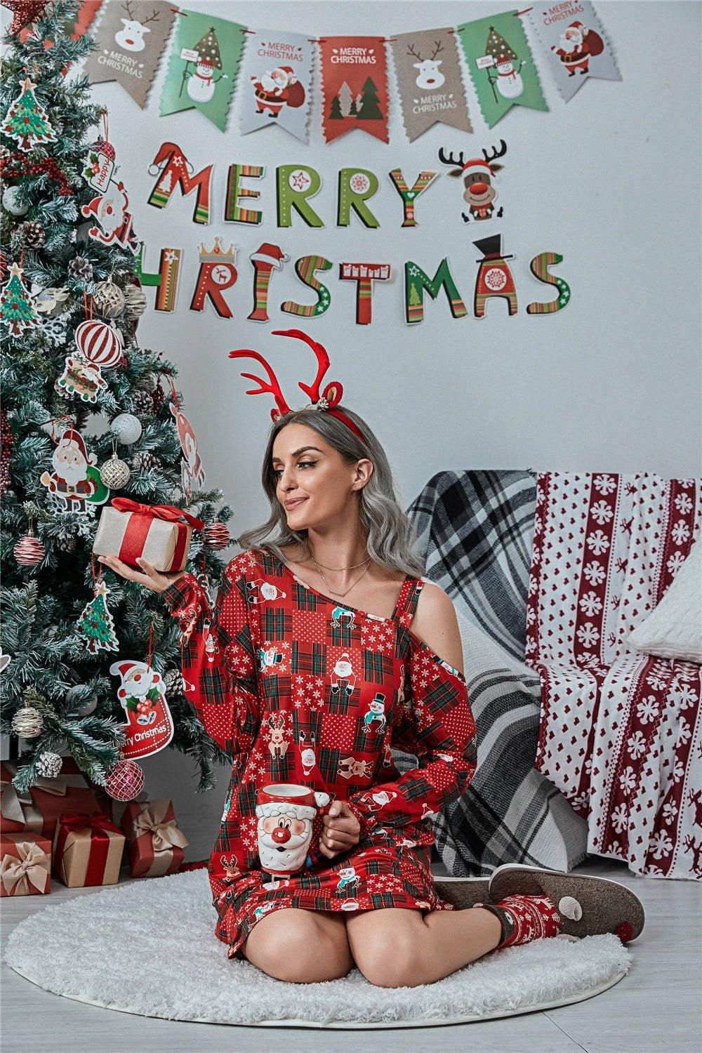 Christmas Asymmetrical Neck Long Sleeve Dress.
