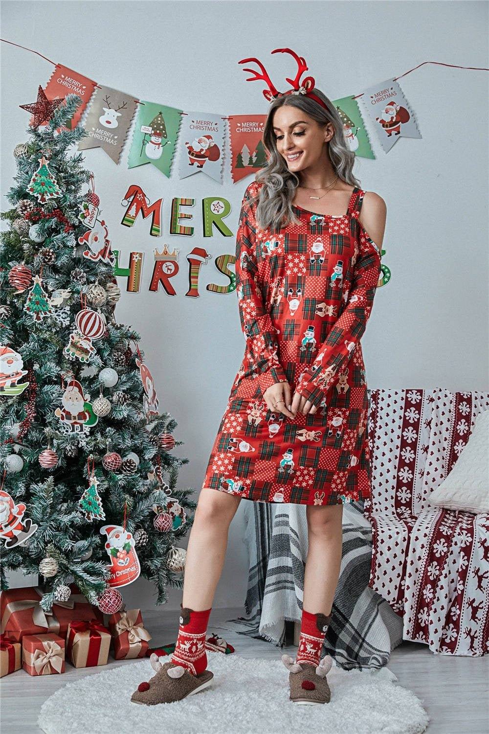 Christmas Asymmetrical Neck Long Sleeve Dress.