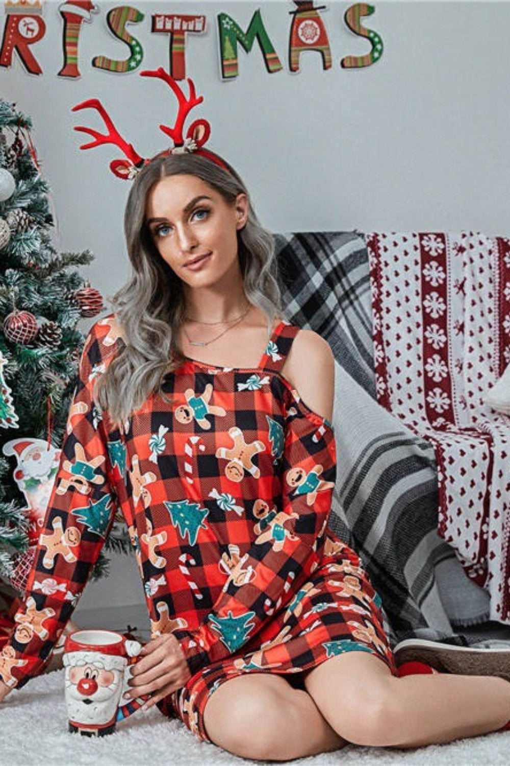 Christmas Asymmetrical Neck Long Sleeve Dress.