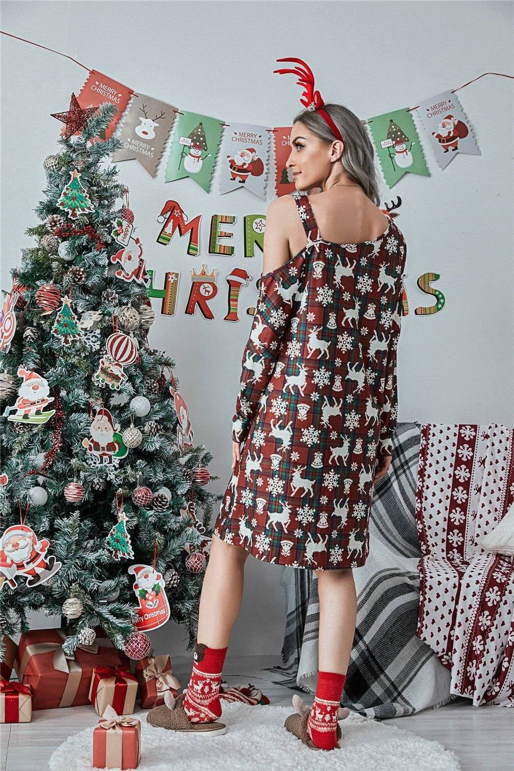 Christmas Asymmetrical Neck Long Sleeve Dress.