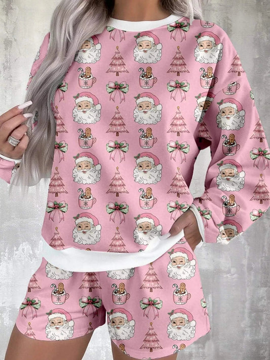 Christmas Santa Print Round Neck Top and Shorts Lounge Set.
