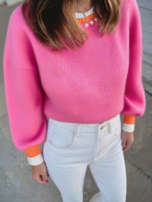 Contrast Crew Neck Pearled Decor Drop Shoulder Knit Sweater.