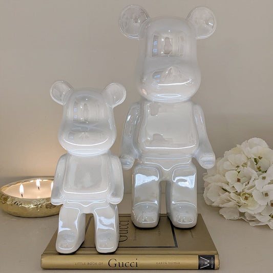 Cream Pearlescent Standing Bear Ornament - Set of 2.