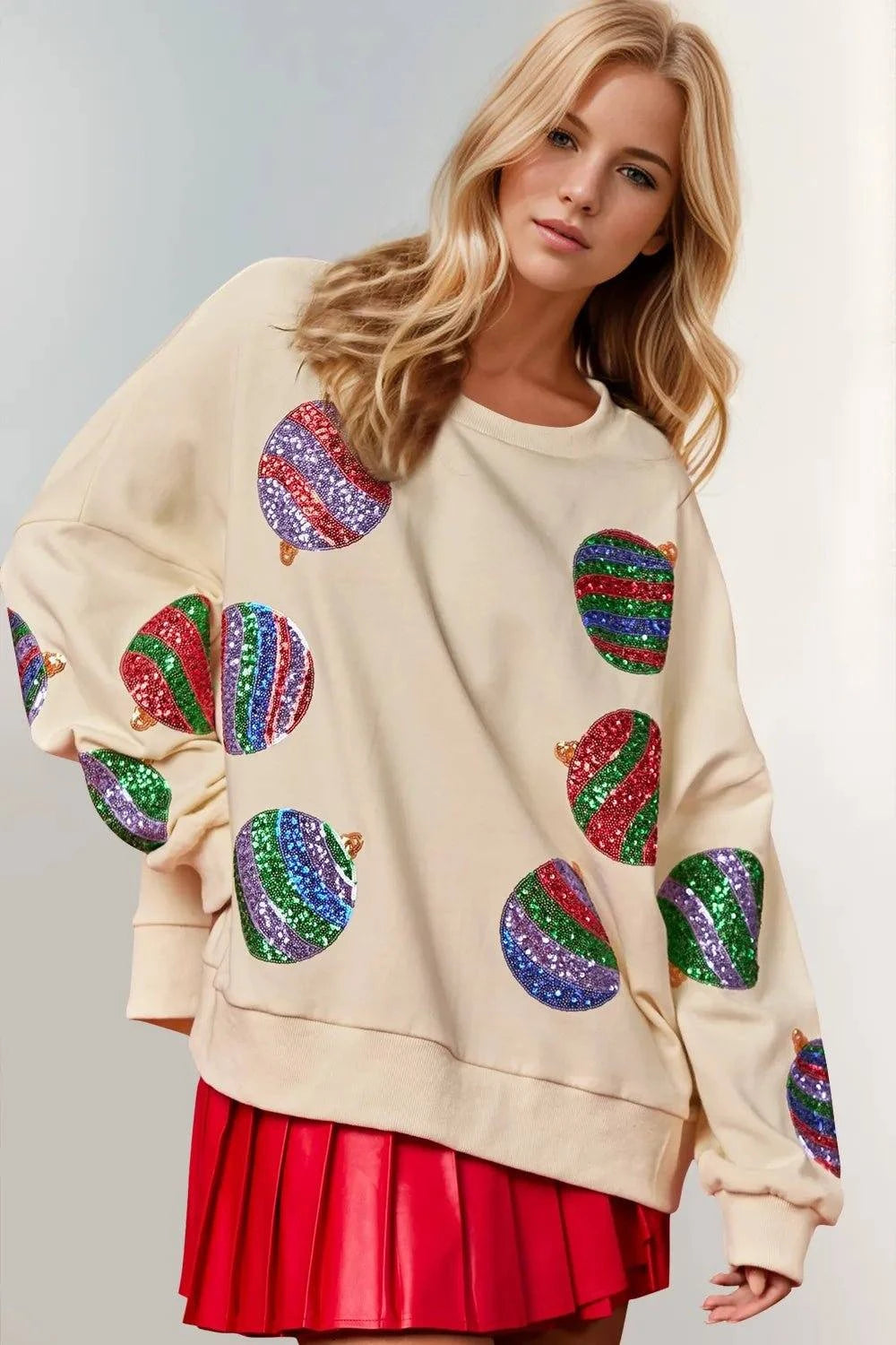 Double Take Christmas Element Sequin Round Neck Long Sleeve Sweatshirt - Rosey's Creations