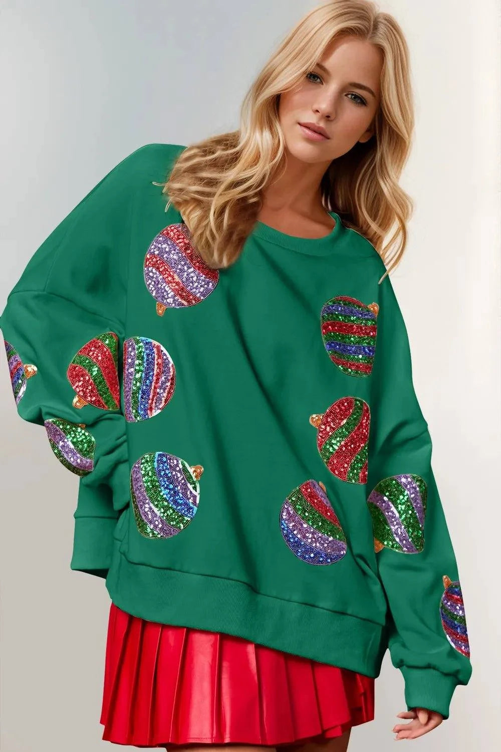 Double Take Christmas Element Sequin Round Neck Long Sleeve Sweatshirt - Rosey's Creations