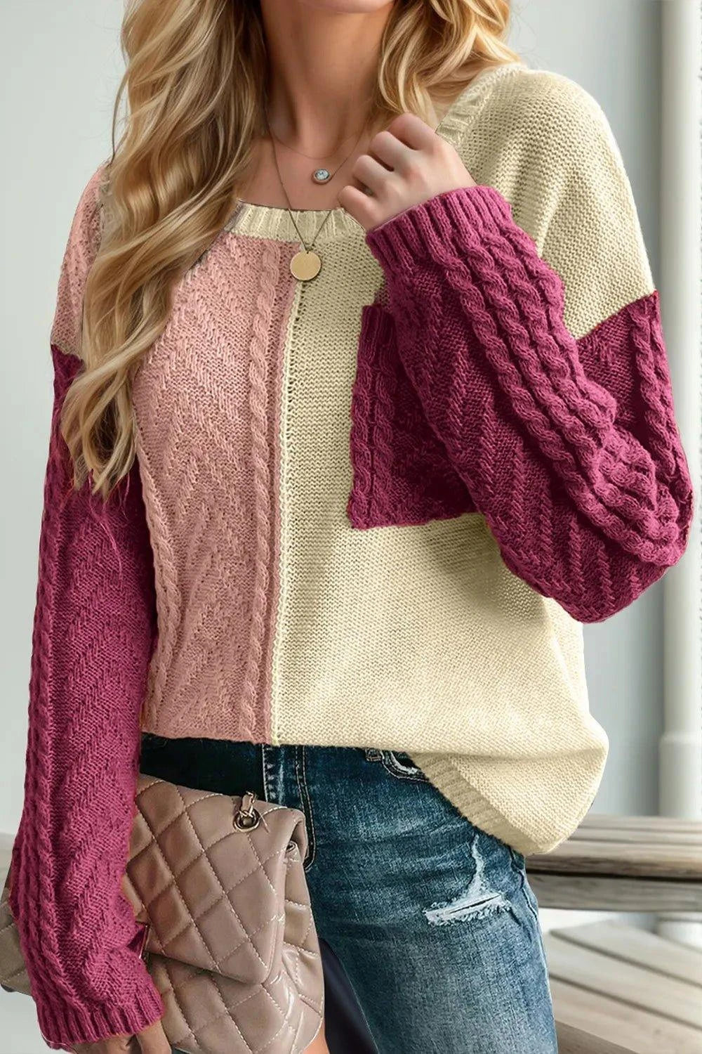Double Take Full Size Color Block Drop Shoulder Sweater - Rosey's Creations
