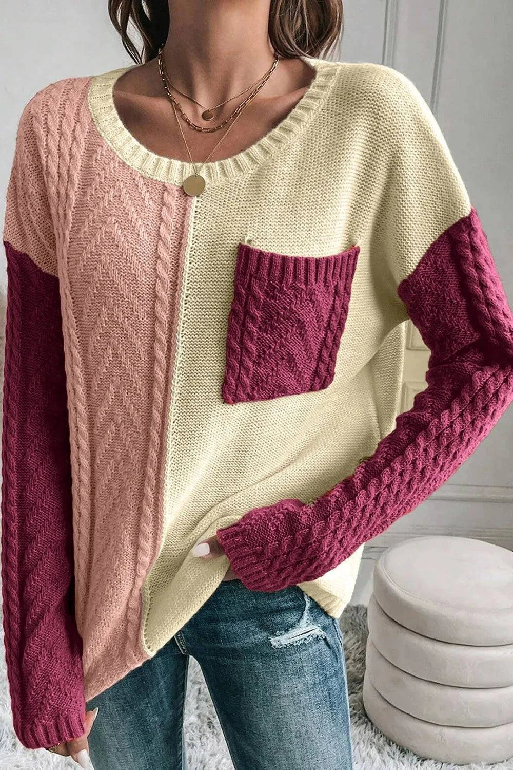 Double Take Full Size Color Block Drop Shoulder Sweater - Rosey's Creations