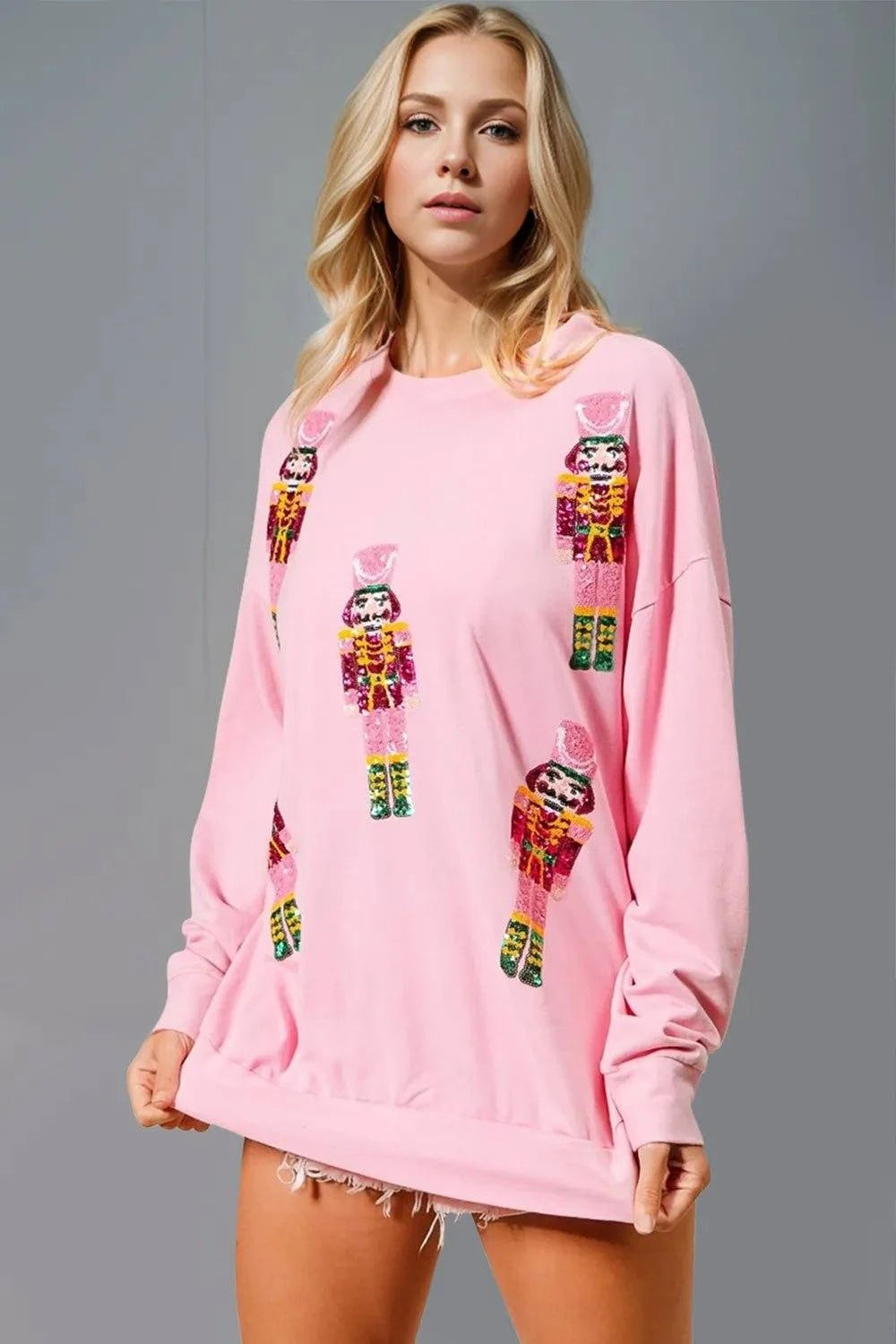 Double Take Sequin Nutcracker Round Neck Long Sleeve Sweatshirt - Rosey's Creations