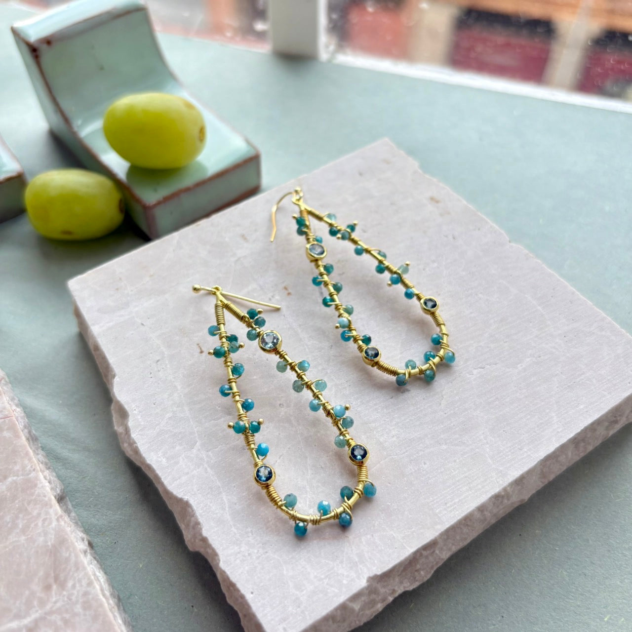 Hydra Large Teardrop Wire-Wrapped Gemstone Earrings Iolite, Blue Topaz & Apatite Azuni London