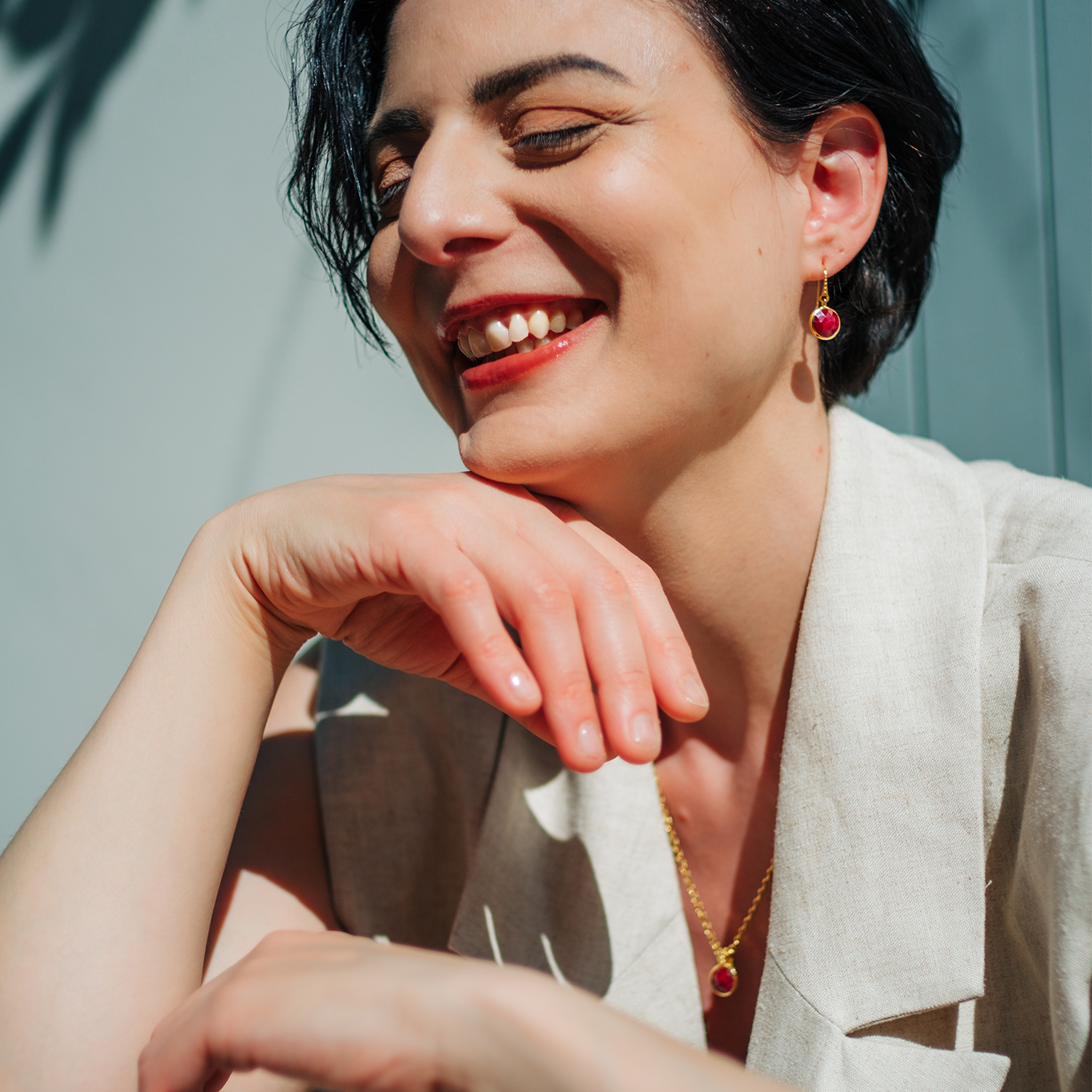 Charis Round Gemstone Earrings Ruby Quartz Azuni London