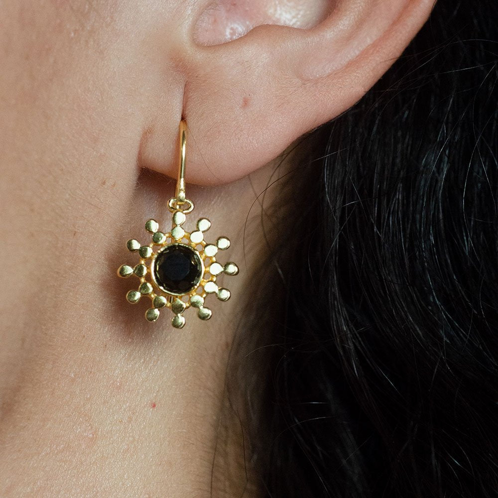 Etrusca Gold Sun Drop Earrings with Black Onyx Azuni London