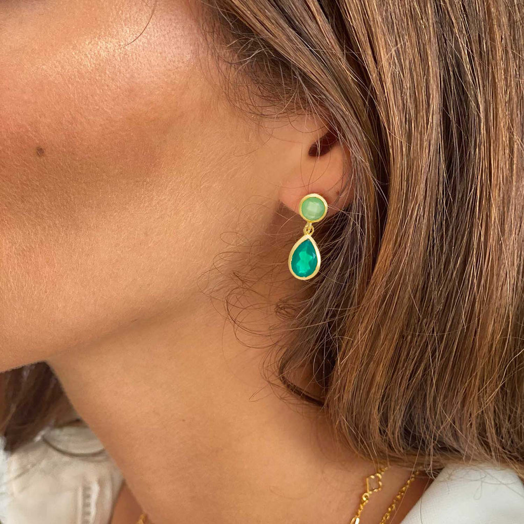 Gold Double Gemstone Drop Earrings with Green Onyx & Prenite Azuni London