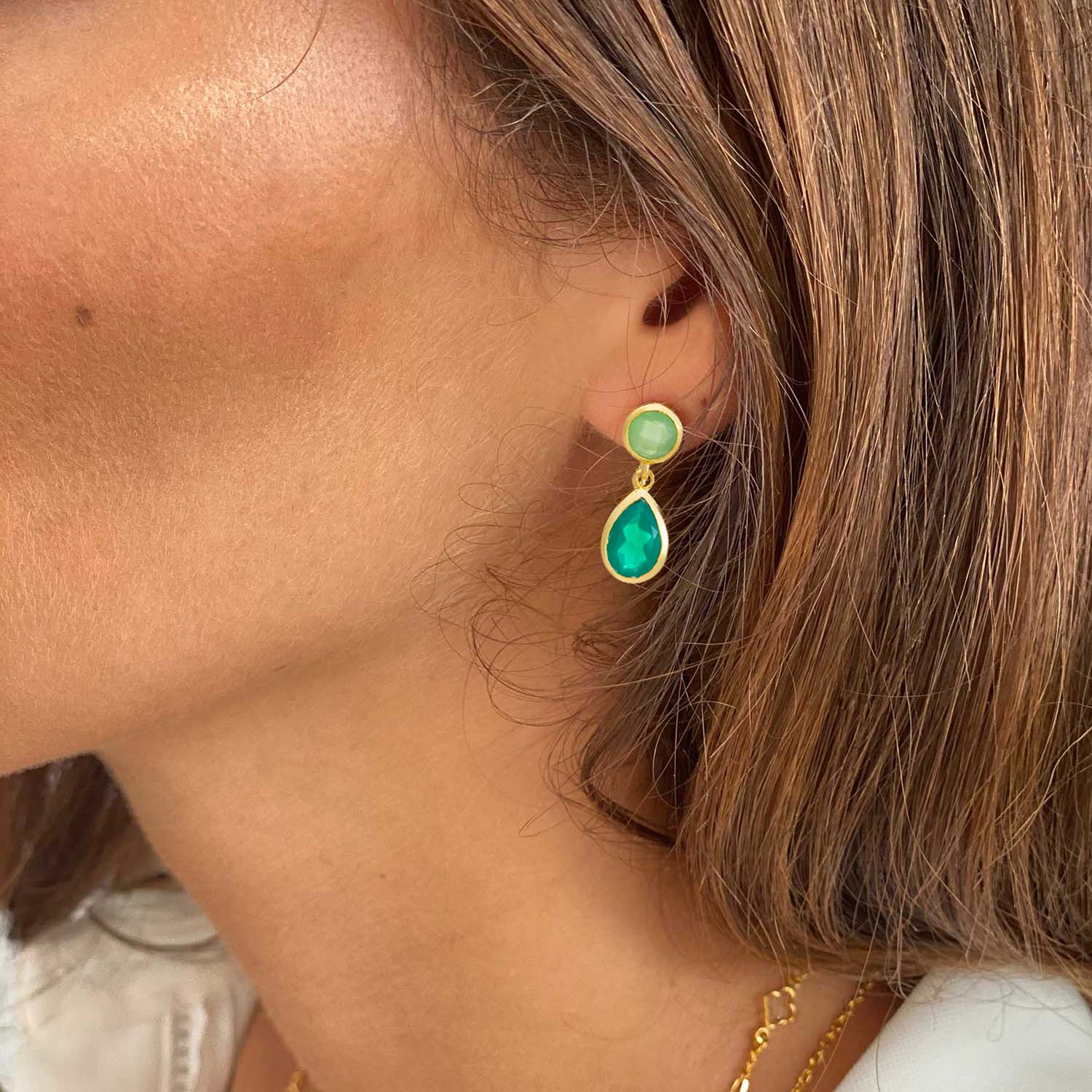 Gold Double Gemstone Drop Earrings with Green Onyx & Prenite Azuni London