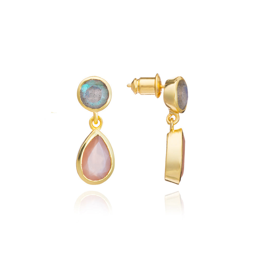 Gold Double Gemstone Drop Earrings with Peach Moonstone & Labradorite Azuni London